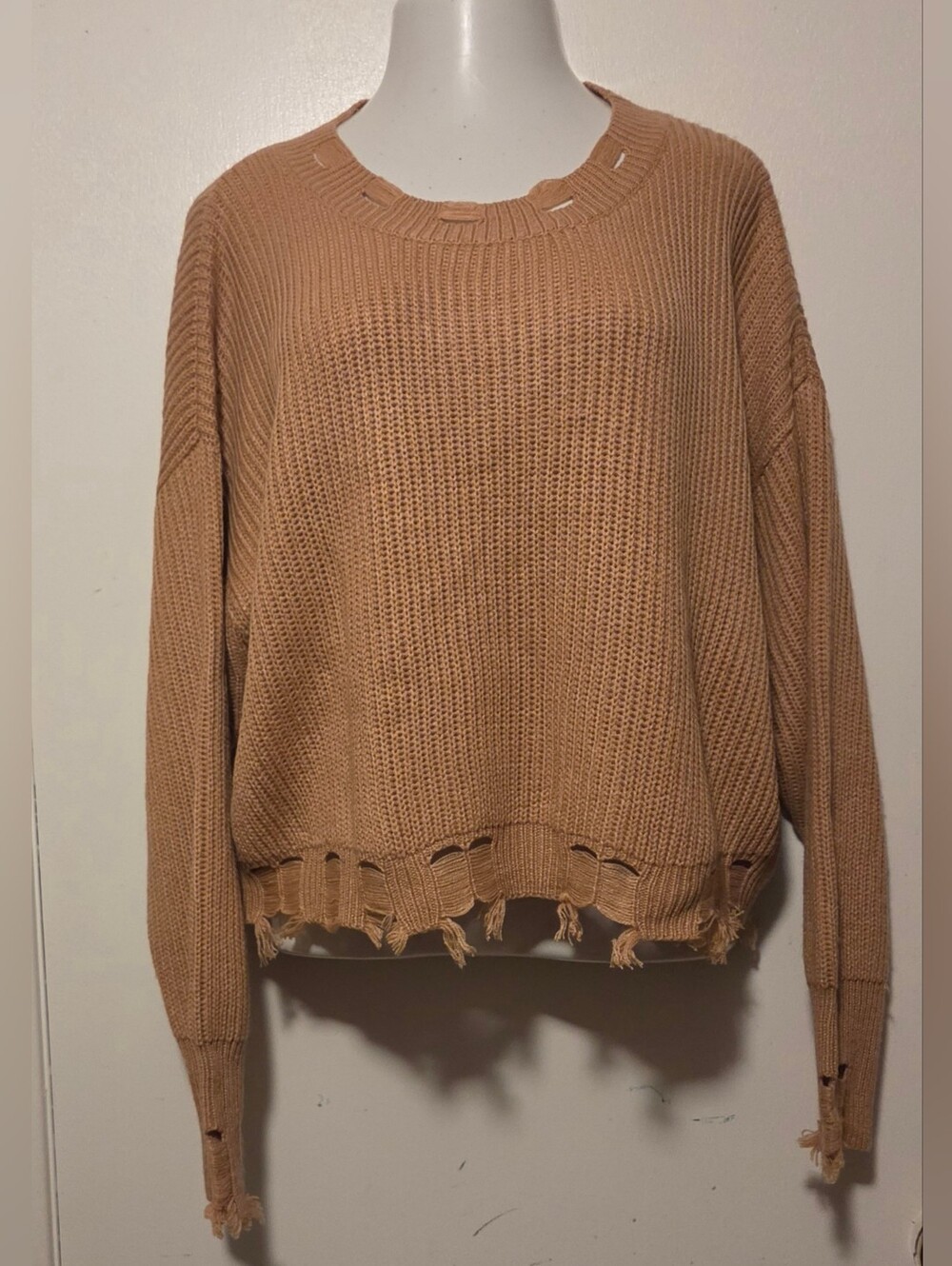 Hot And Delicious L Large Cozy Distressed Crewneck Sweater in Camel